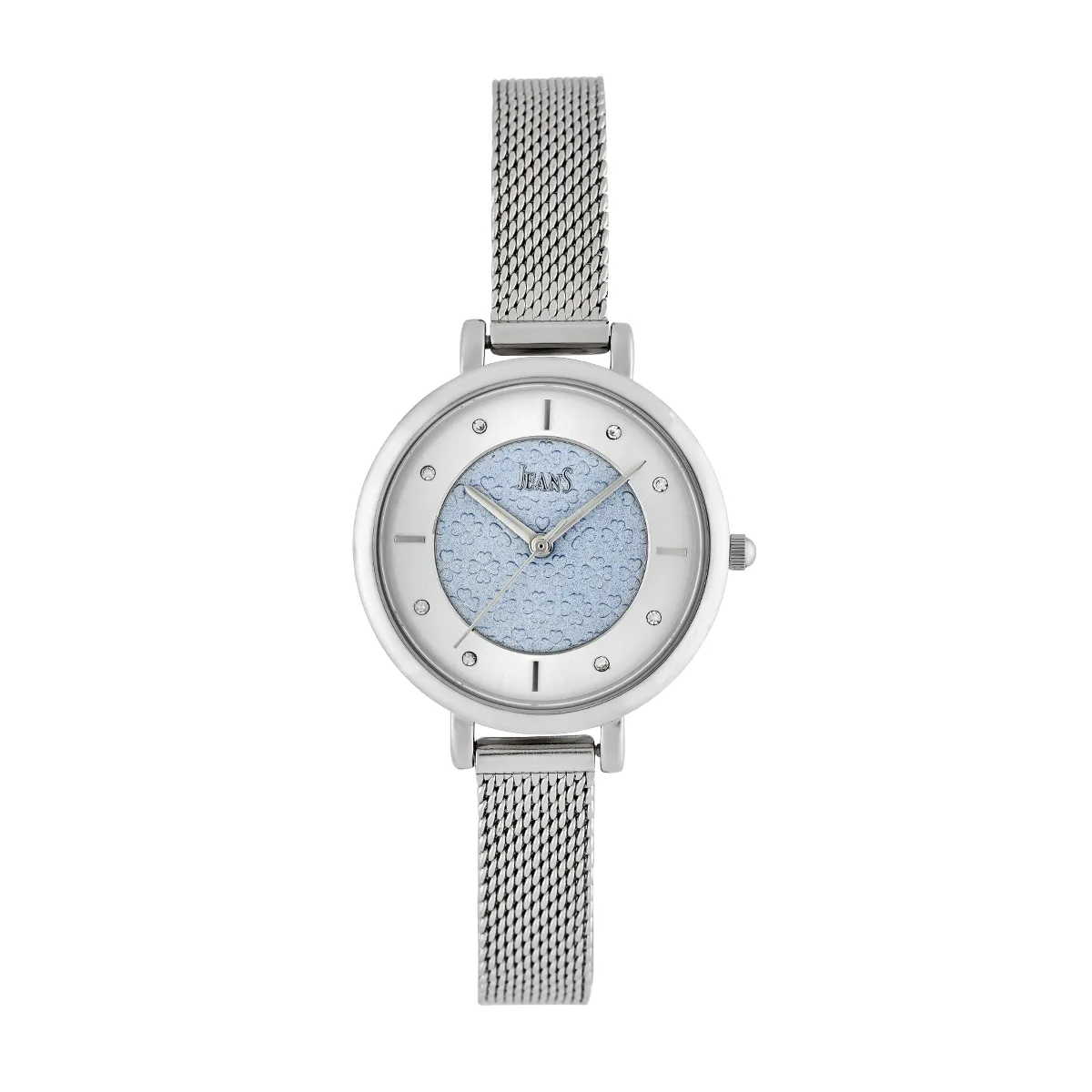 Reloj Jeans analogo, para Dama, tablero redondo colores plateado y azul, estilo index + puntos, pulso metalico color plateado