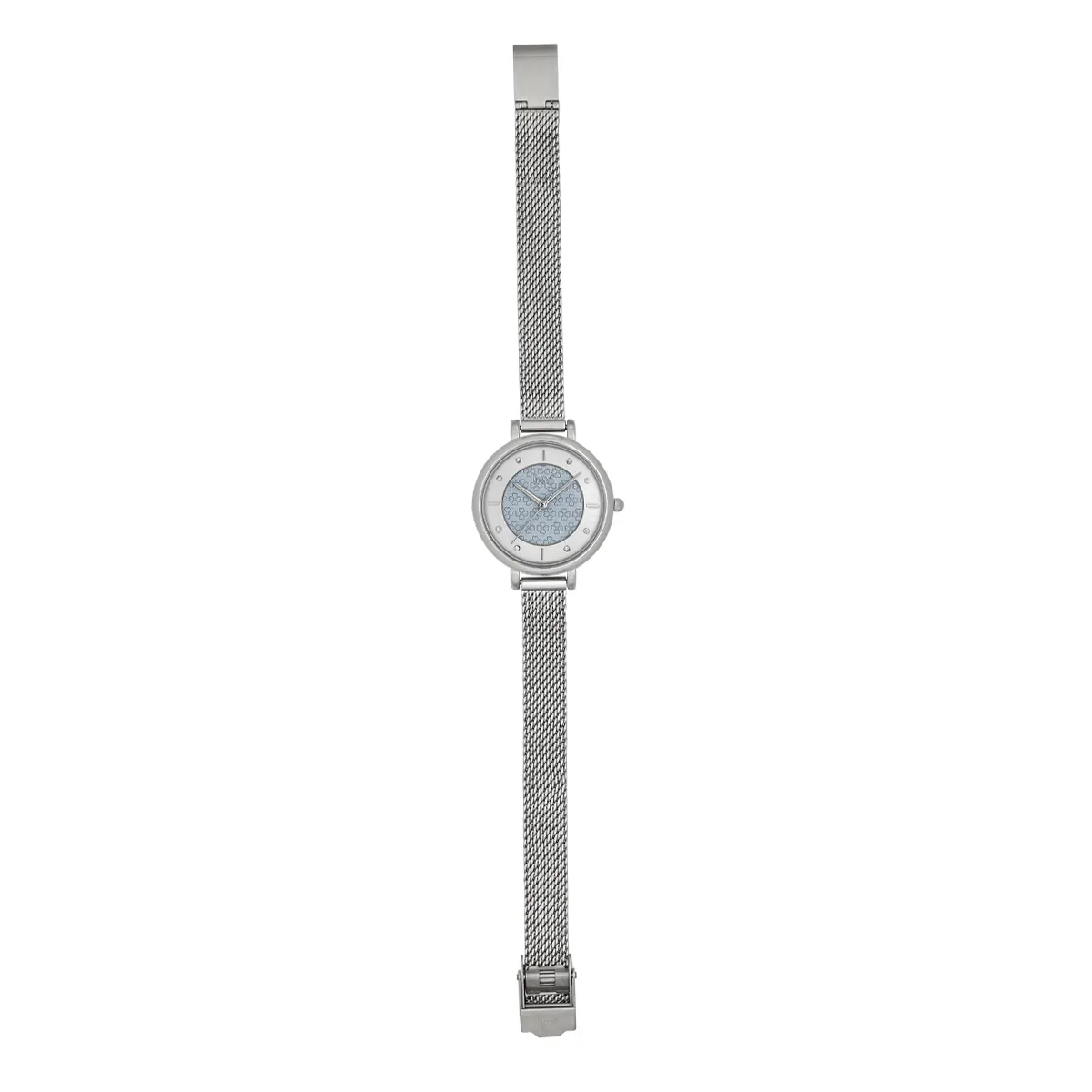 Reloj Jeans analogo, para Dama, tablero redondo colores plateado y azul, estilo index + puntos, pulso metalico color plateado