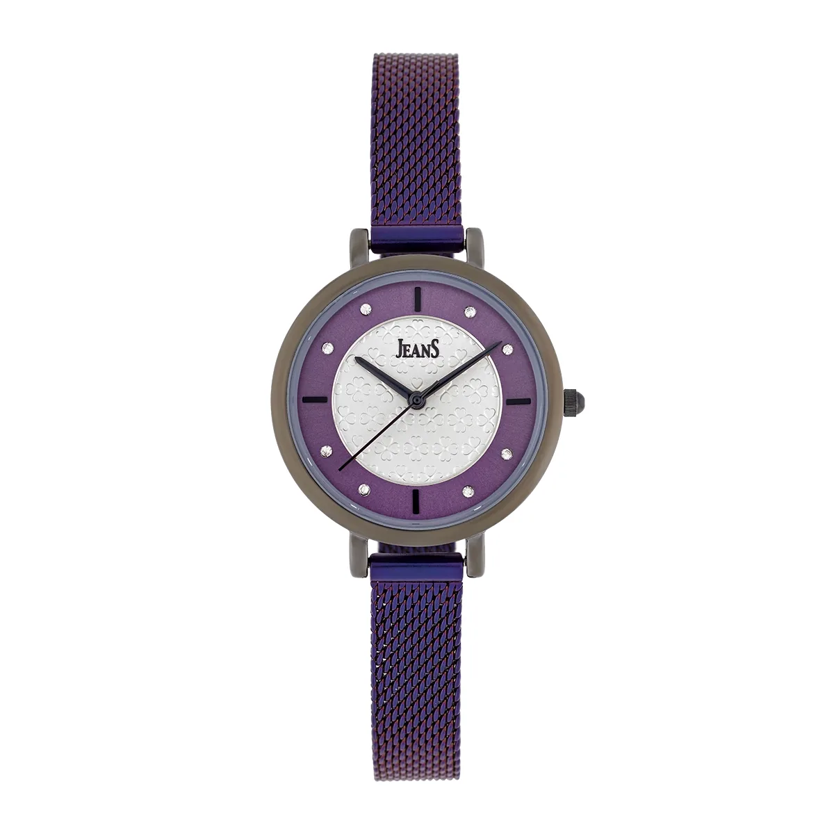 Reloj Jeans analogo, para Dama, tablero redondo colores morado y plateado, estilo index + puntos, pulso metalico color morado