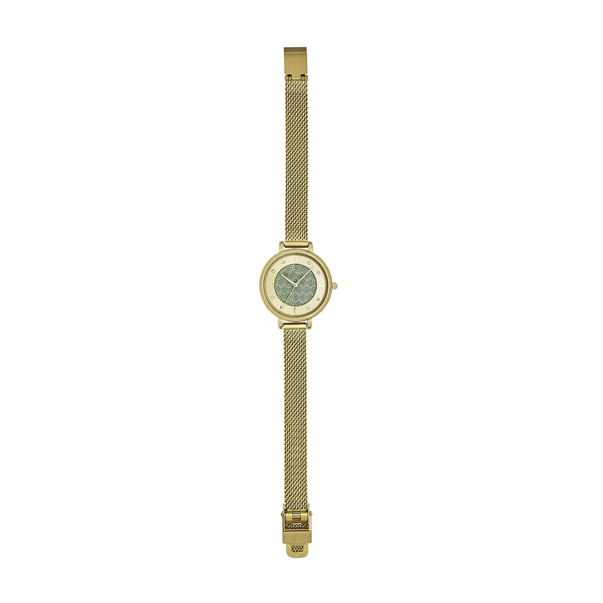 Reloj Jeans analogo, para Dama, tablero redondo colores dorado y verde, estilo index + puntos, pulso metalico color dorado