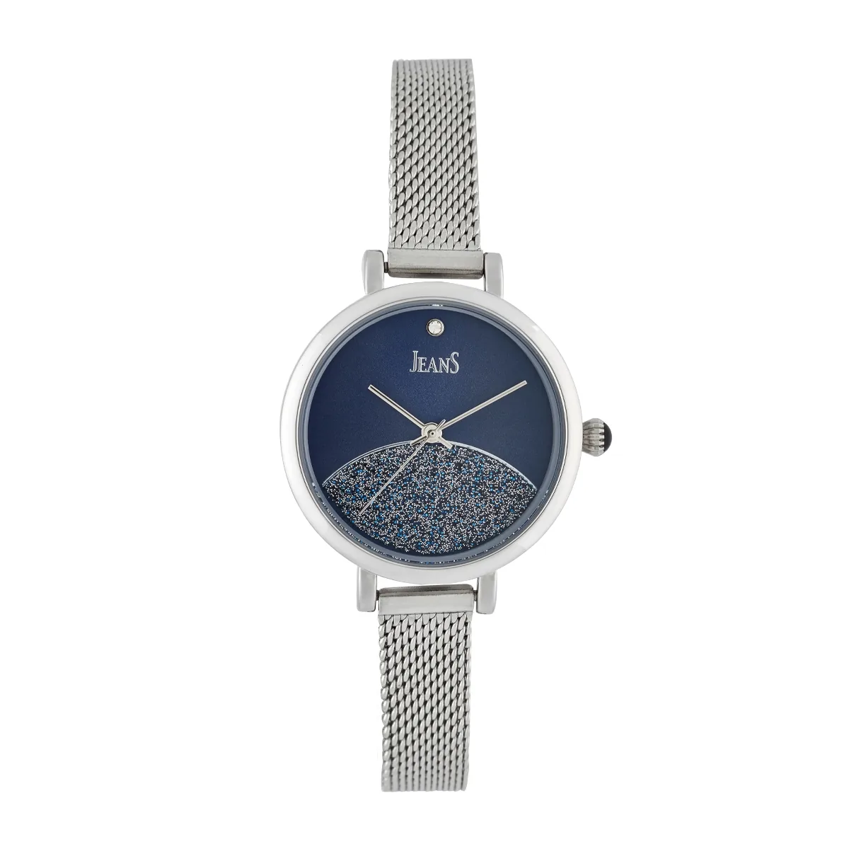 Reloj Jeans analogo, para Dama, tablero redondo color azul, estilo puntos, pulso metalico color plateado