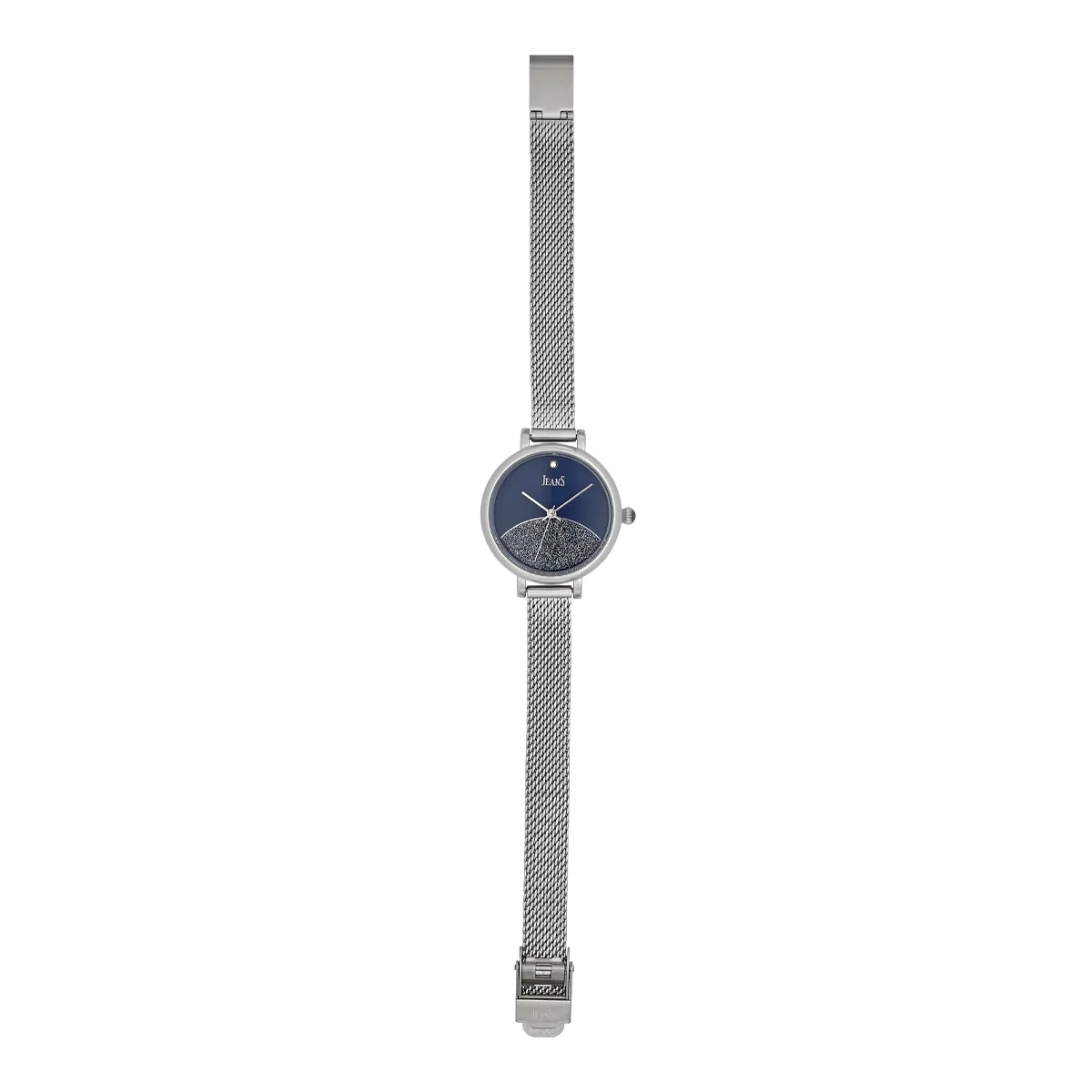 Reloj Jeans analogo, para Dama, tablero redondo color azul, estilo puntos, pulso metalico color plateado