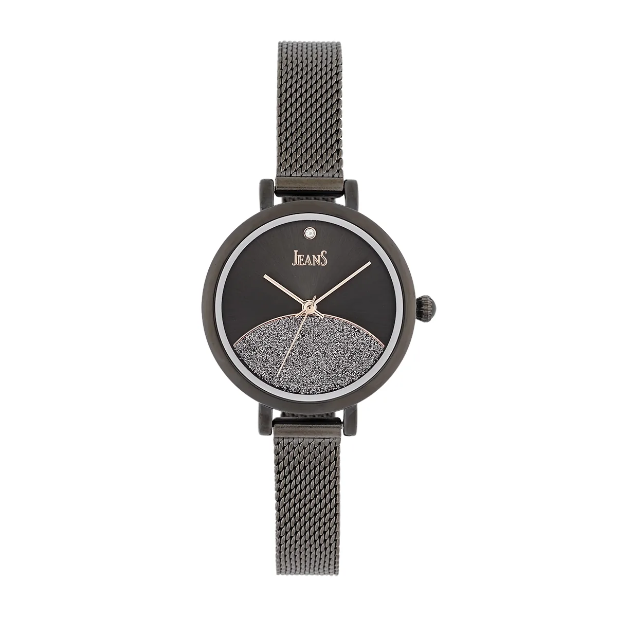 Reloj Jeans analogo, para Dama, tablero redondo color gris, estilo puntos, pulso metalico color negro