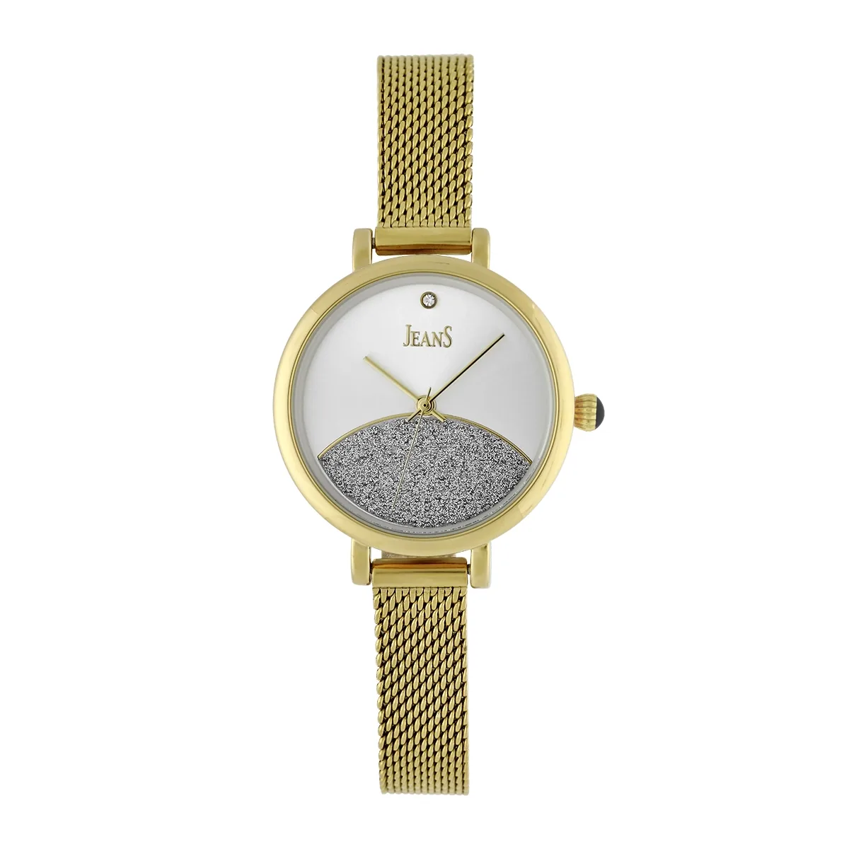 Reloj Jeans analogo, para Dama, tablero redondo colores plateado y dorado, estilo puntos, pulso metalico color dorado