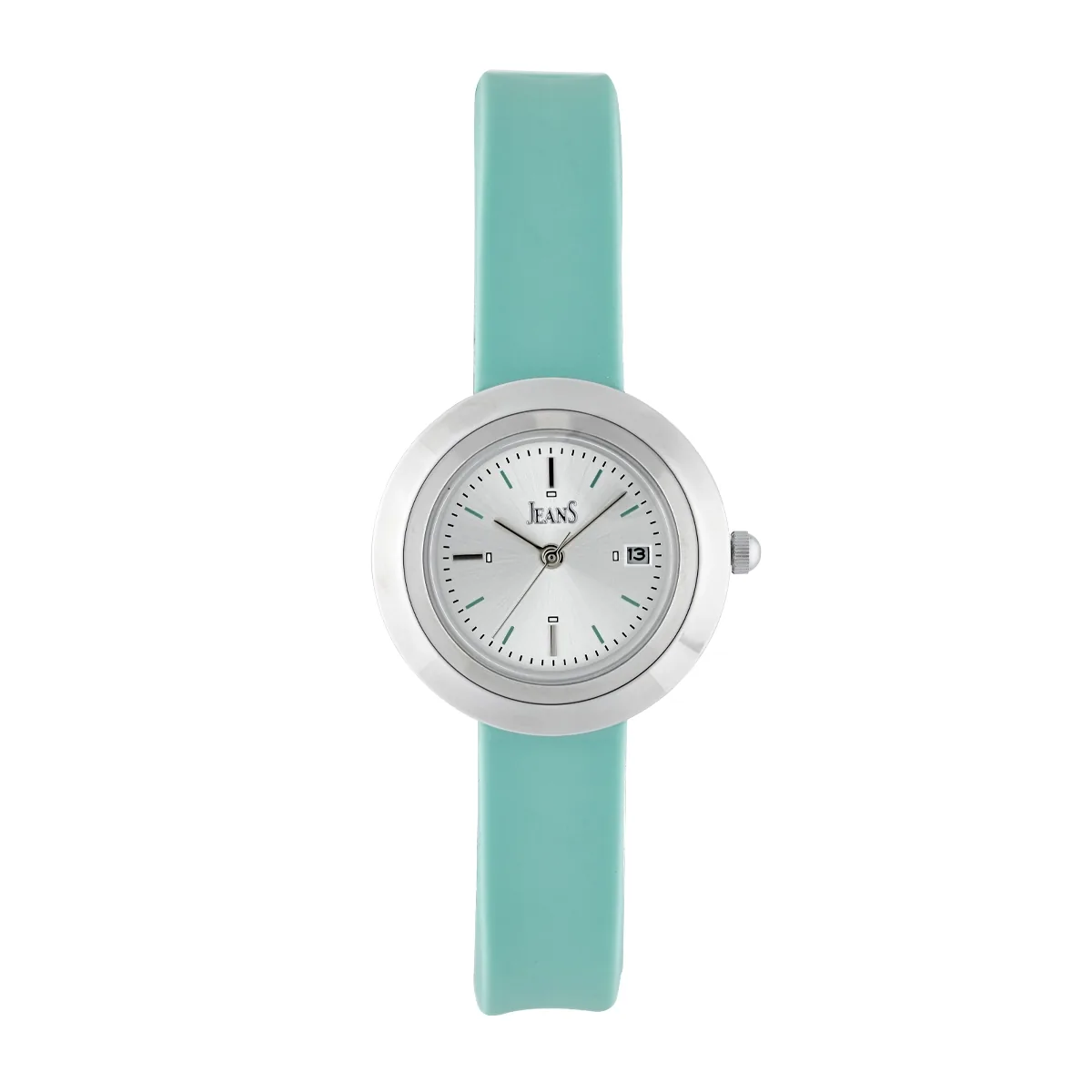 Reloj Jeans analogo, para Dama, tablero redondo color plateado, estilo index, pulso silicona color azul, calendario