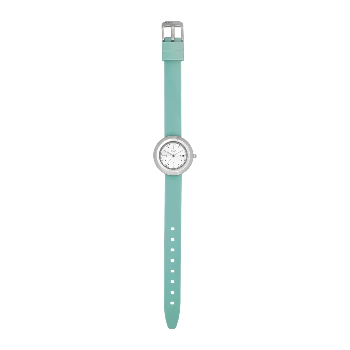 Reloj Jeans analogo, para Dama, tablero redondo color plateado, estilo index, pulso silicona color azul, calendario