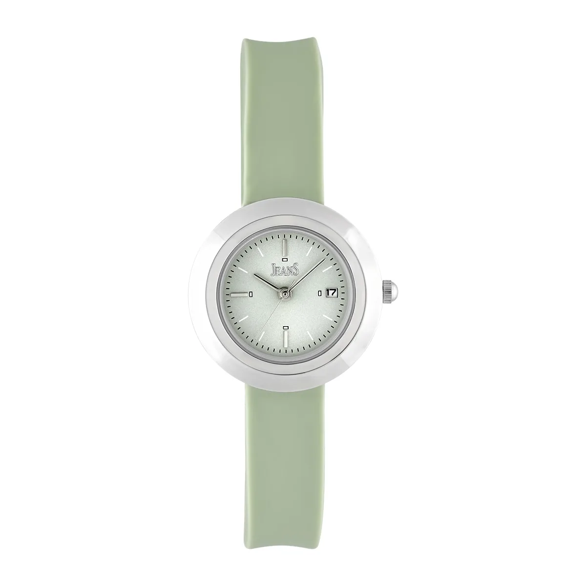 Reloj Jeans analogo, para Dama, tablero redondo color verde, estilo index, pulso silicona color verde, calendario