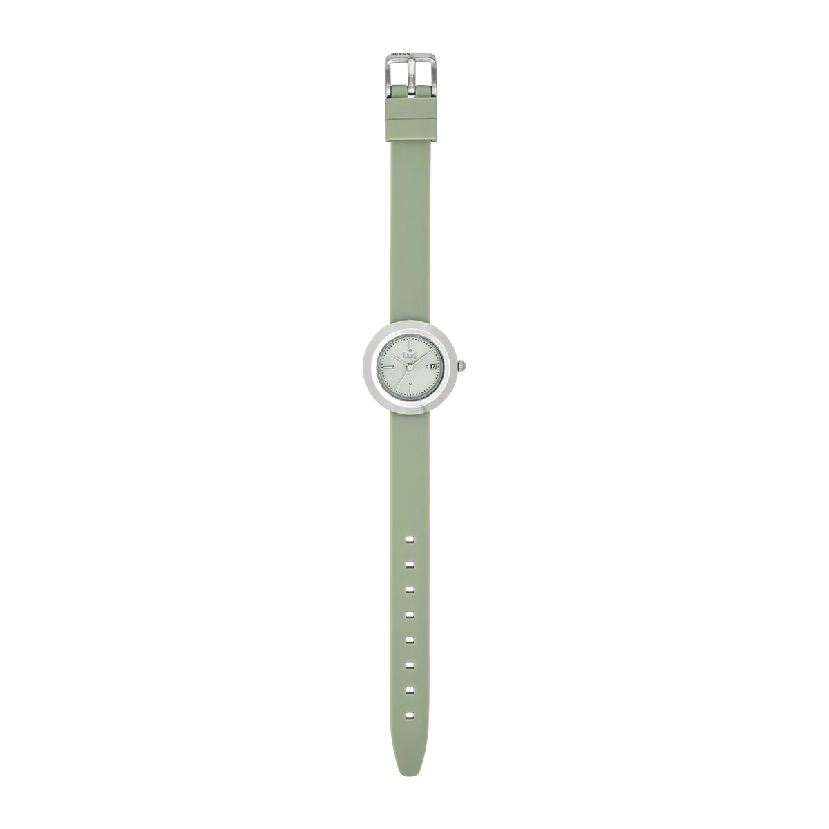 Reloj Jeans analogo, para Dama, tablero redondo color verde, estilo index, pulso silicona color verde, calendario