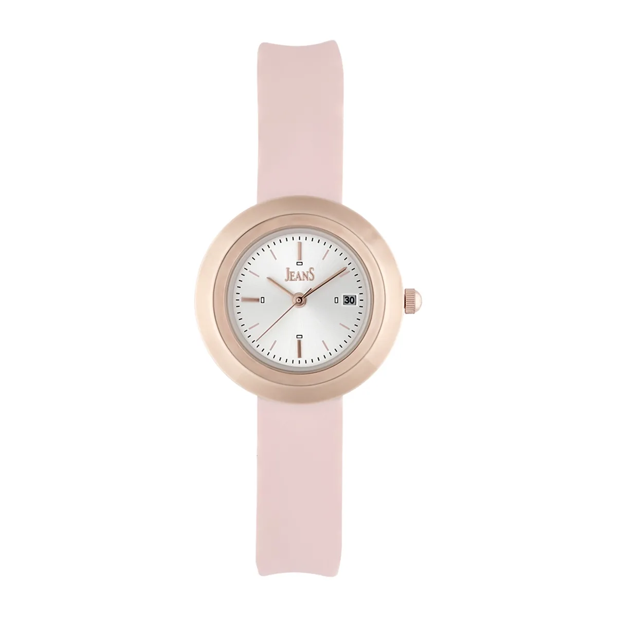 Reloj Jeans analogo, para Dama, tablero redondo colores plateado y rosa, estilo index, pulso silicona color rosado, calendario