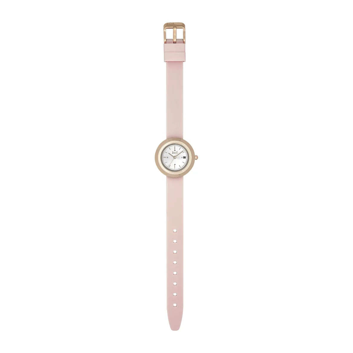 Reloj Jeans analogo, para Dama, tablero redondo colores plateado y rosa, estilo index, pulso silicona color rosado, calendario