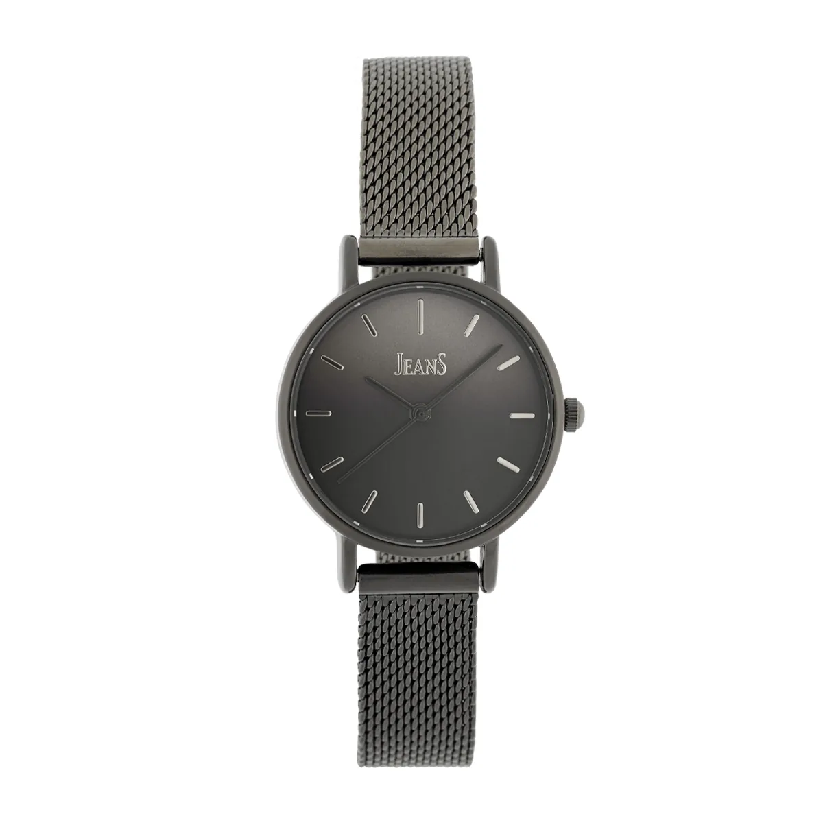 Reloj Jeans analogo, para Dama, tablero redondo color negro, estilo index, pulso metalico color negro