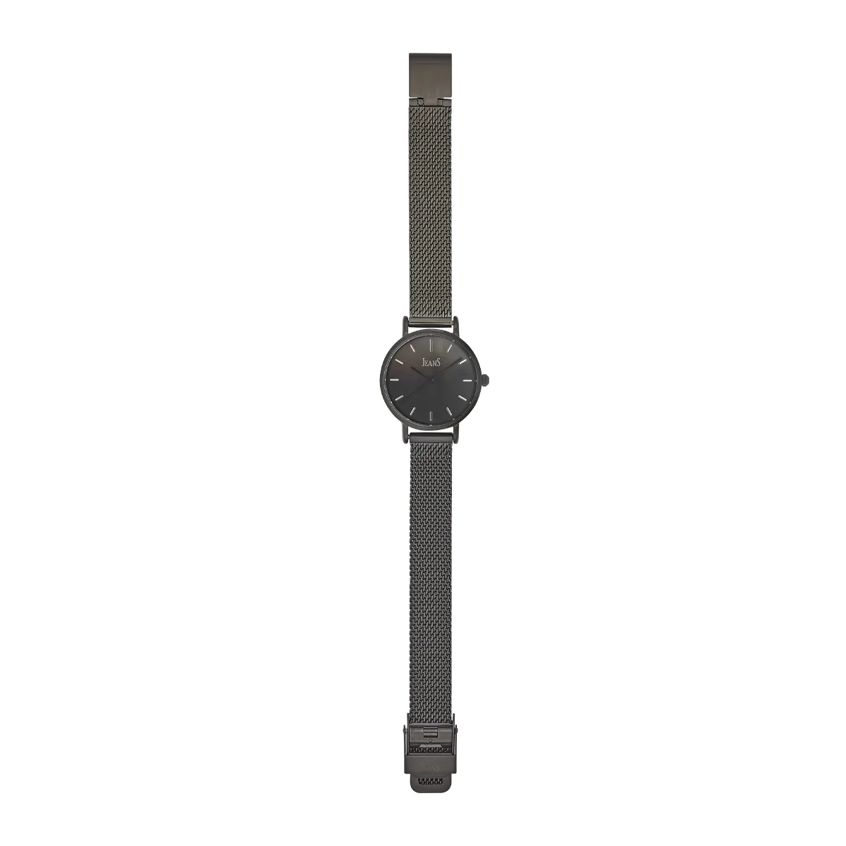 Reloj Jeans analogo, para Dama, tablero redondo color negro, estilo index, pulso metalico color negro