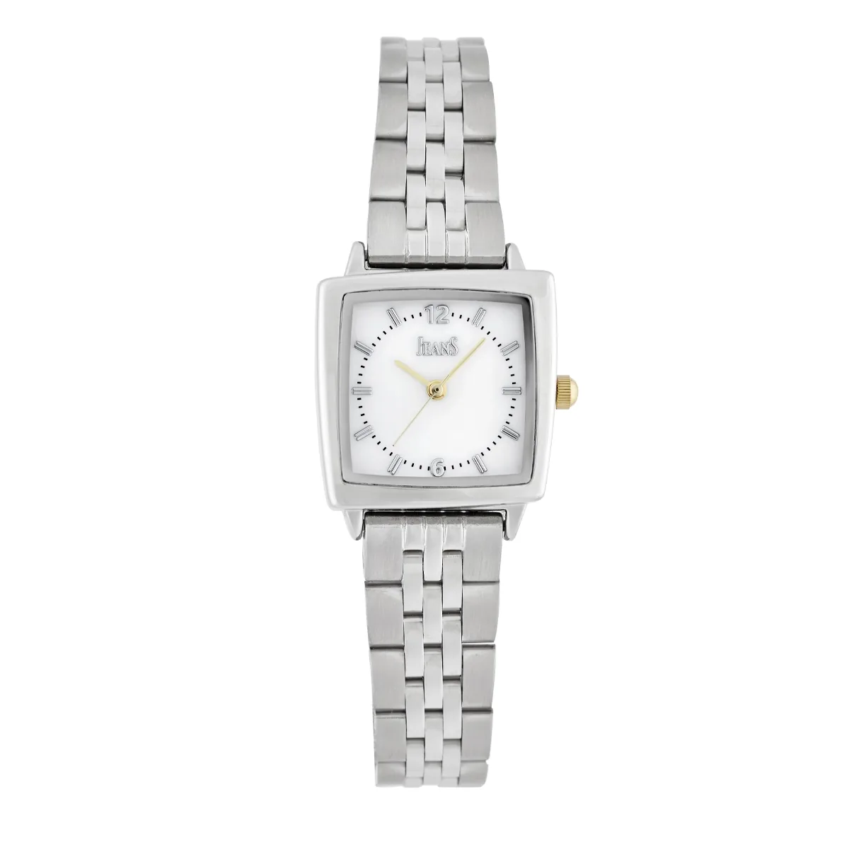 Reloj Jeans analogo, para Dama, tablero cuadrado color blanco, estilo index + arabigo, pulso metalico color plateado