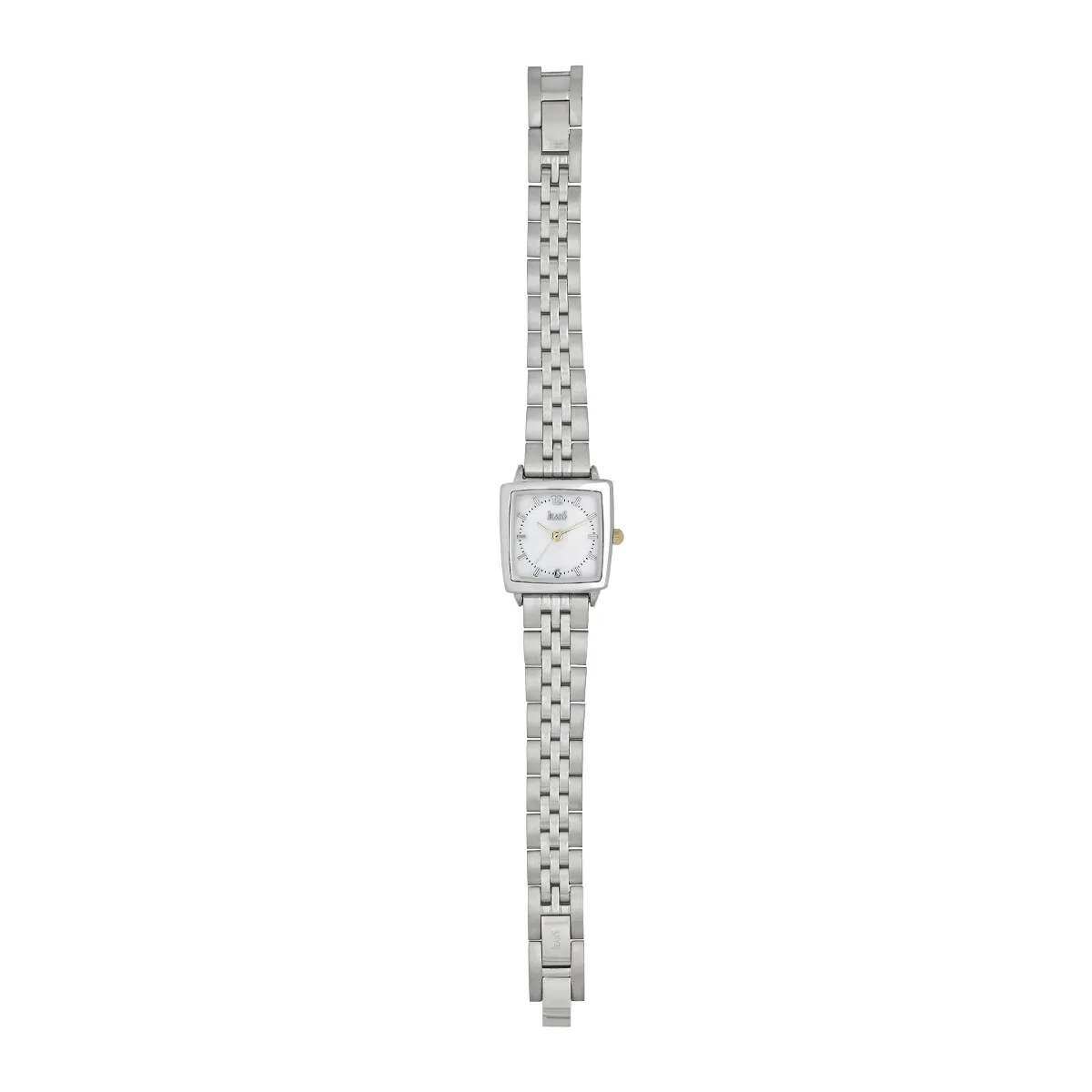 Reloj Jeans analogo, para Dama, tablero cuadrado color blanco, estilo index + arabigo, pulso metalico color plateado