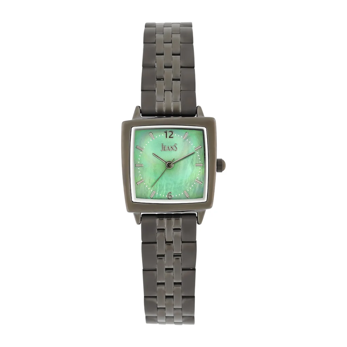 Reloj Jeans analogo, para Dama, tablero cuadrado color verde, estilo index + arabigo, pulso metalico color gris