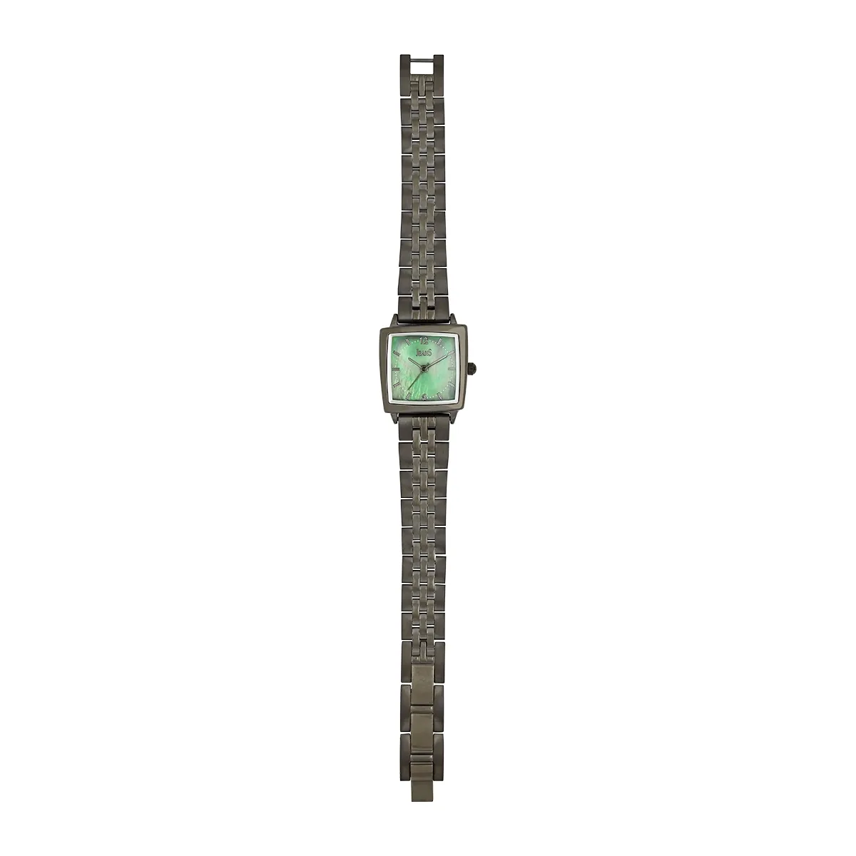 Reloj Jeans analogo, para Dama, tablero cuadrado color verde, estilo index + arabigo, pulso metalico color gris