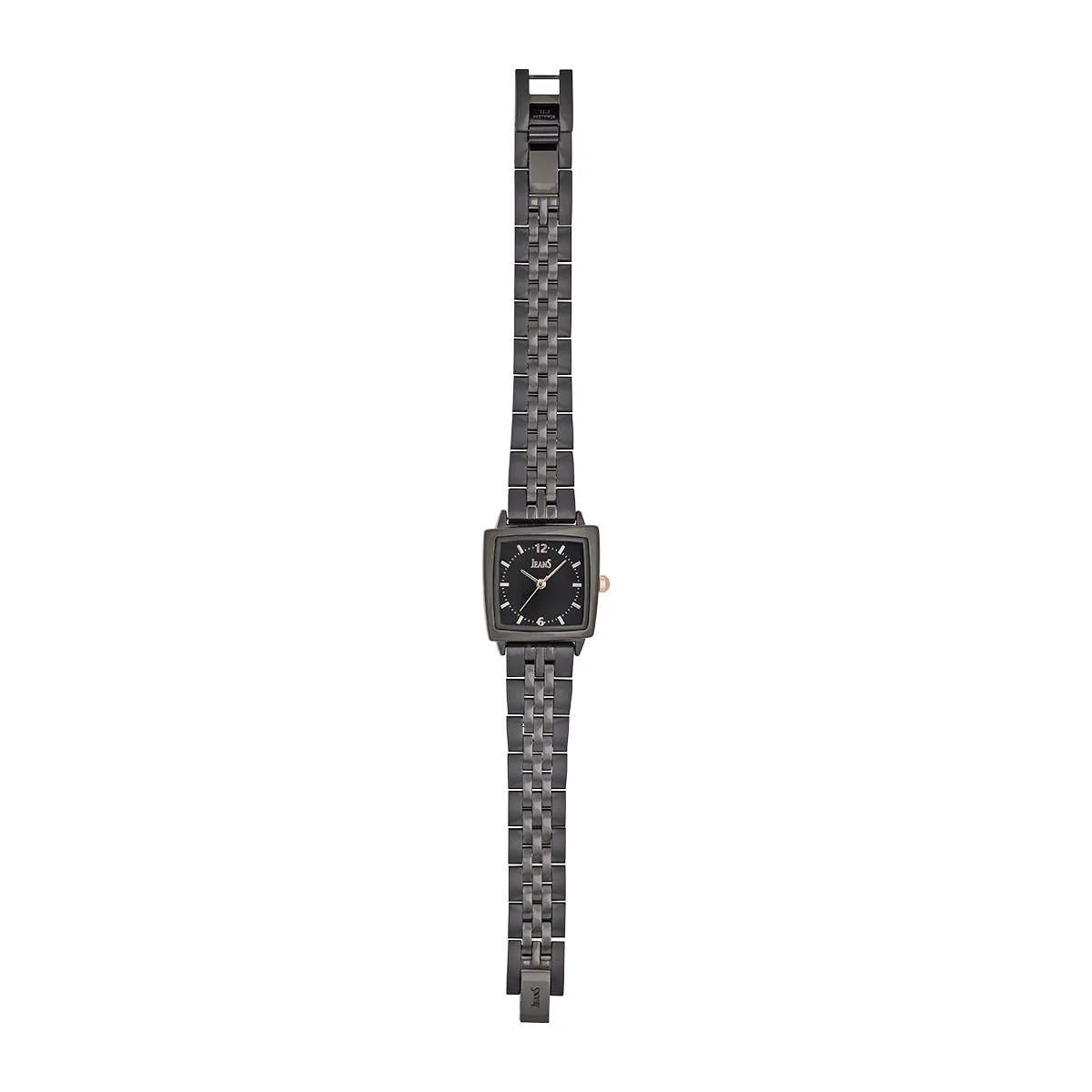 Reloj Jeans analogo, para Dama, tablero cuadrado colores negro y rosa, estilo index + arabigo, pulso metalico color negro