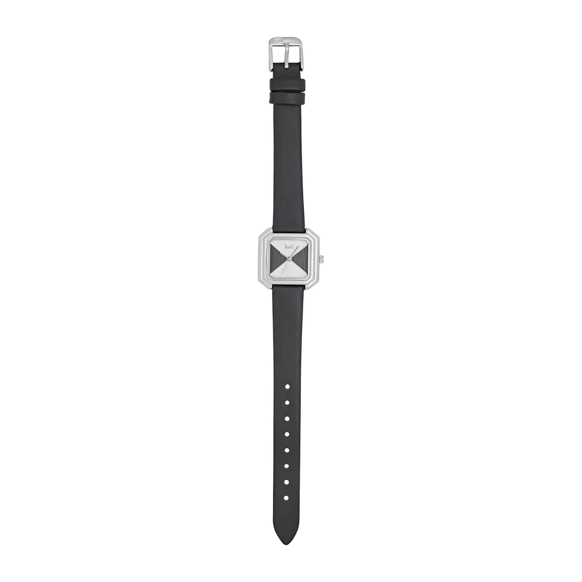 Reloj Jeans analogo, para Dama, tablero cuadrado colores negro y plateado, estilo sin numeros, pulso cuero sintetico color negro