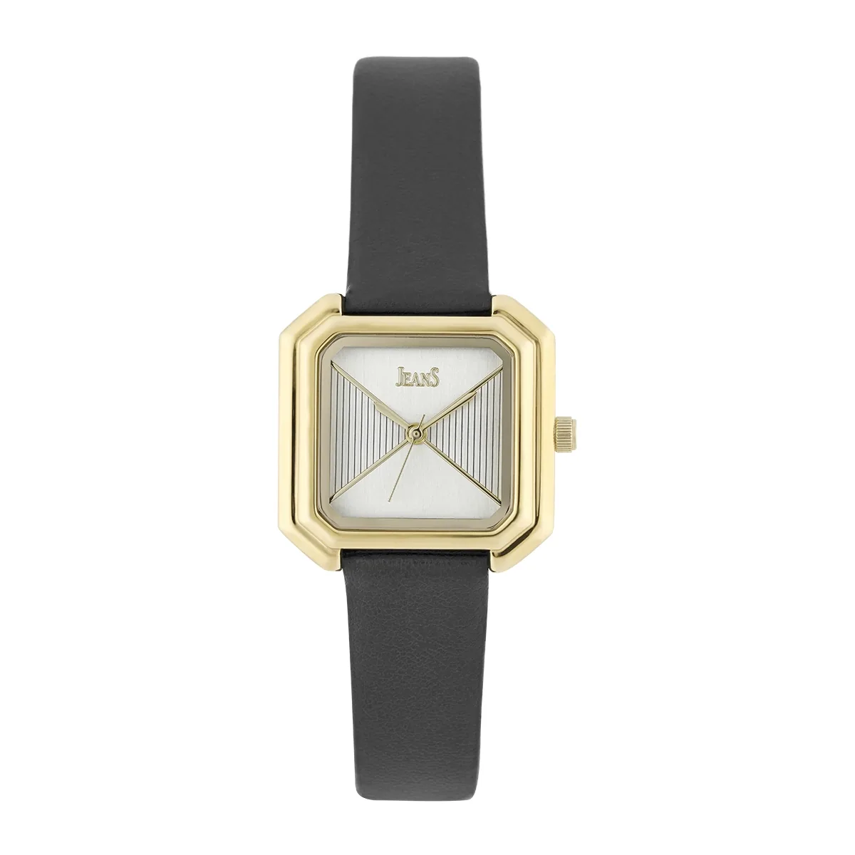 Reloj Jeans analogo, para Dama, tablero cuadrado colores plateado y dorado, estilo sin numeros, pulso cuero sintetico color negro