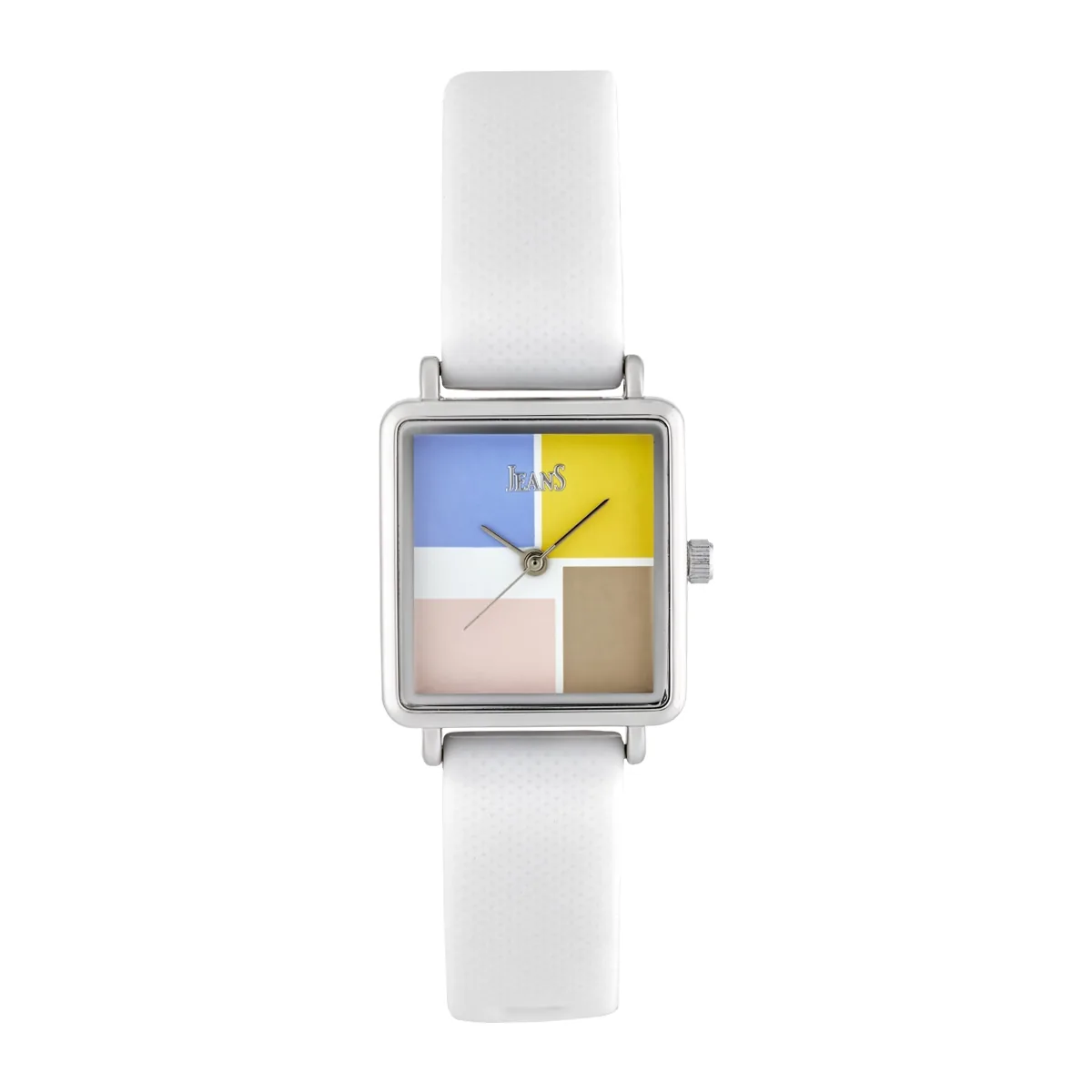 Reloj Jeans analogo, para Dama, tablero cuadrado color multi, estilo sin numeros, pulso silicona color blanco