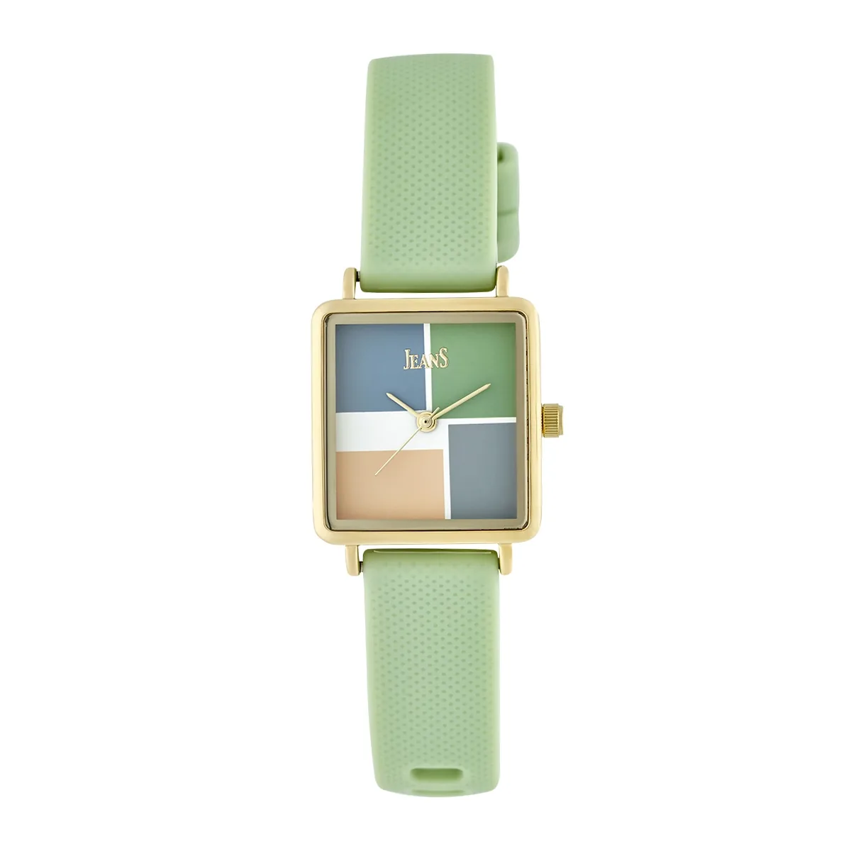 Reloj Jeans analogo, para Dama, tablero cuadrado color multi, estilo sin numeros, pulso silicona color verde