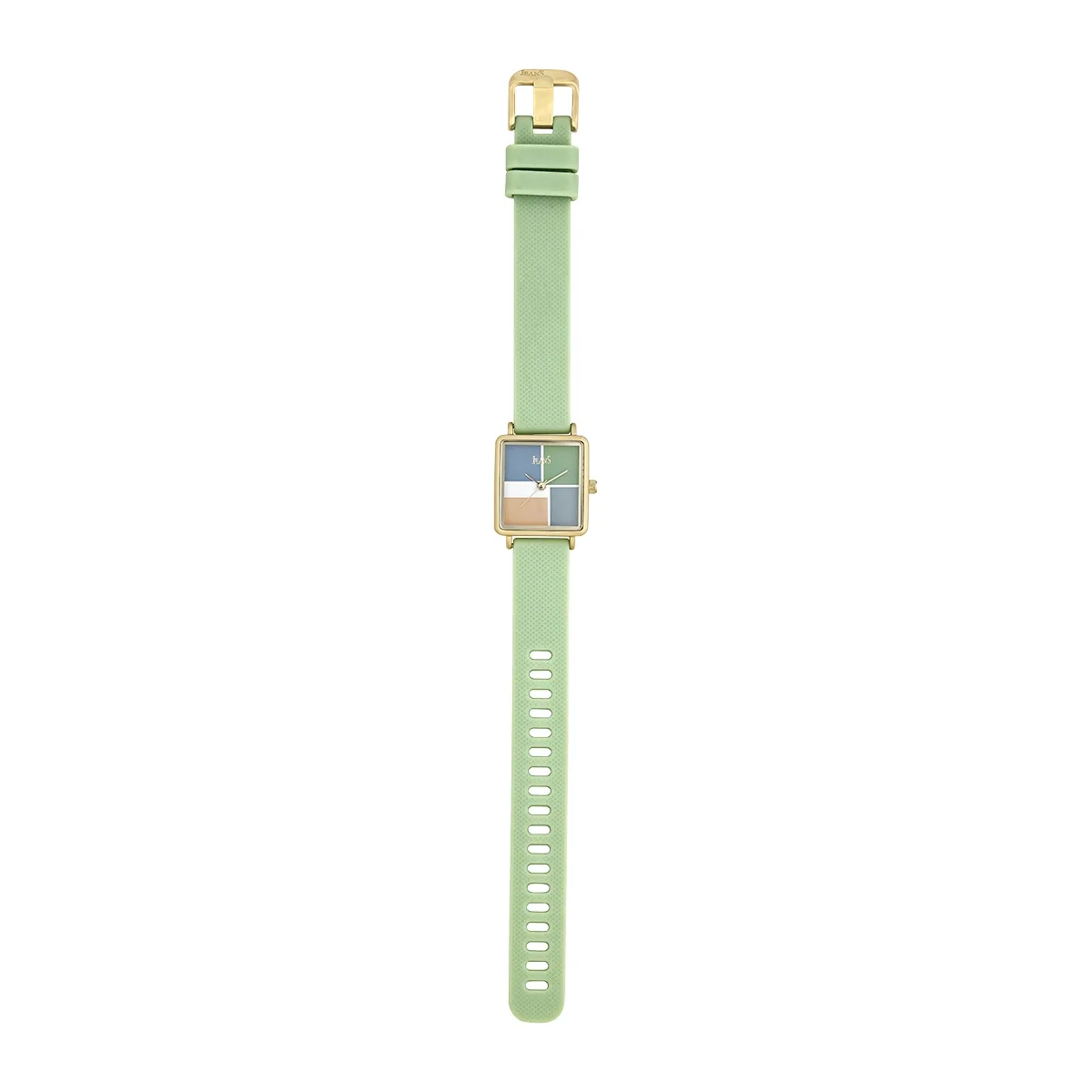 Reloj Jeans analogo, para Dama, tablero cuadrado color multi, estilo sin numeros, pulso silicona color verde