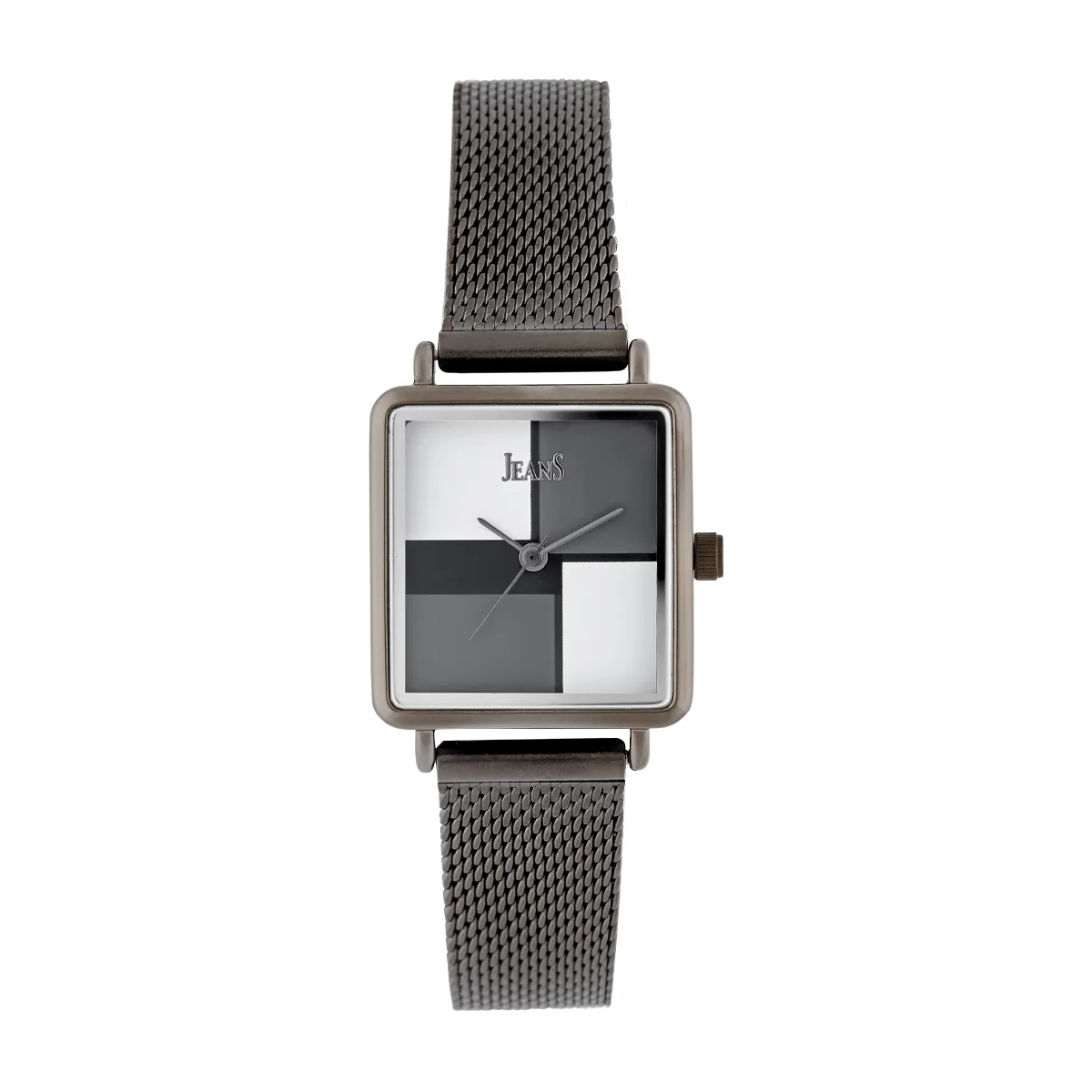 Reloj Jeans analogo, para Dama, tablero rectangular colores gris, blanco y negro, estilo sin numeros, pulso metalico color negro