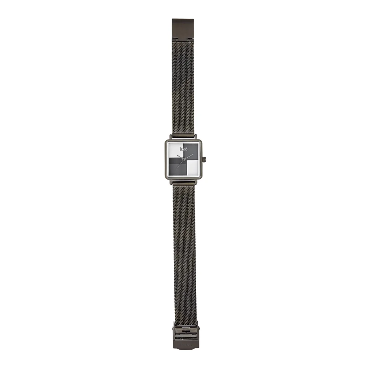 Reloj Jeans analogo, para Dama, tablero rectangular colores gris, blanco y negro, estilo sin numeros, pulso metalico color negro