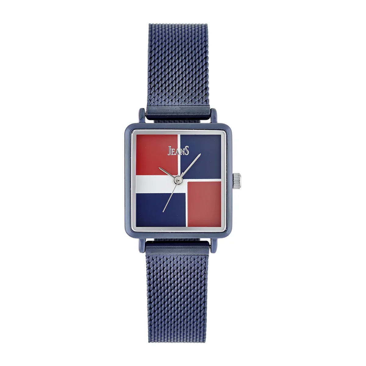 Reloj Jeans analogo, para Dama, tablero rectangular colores azul, rojo y blanco, estilo sin numeros, pulso metalico color azul