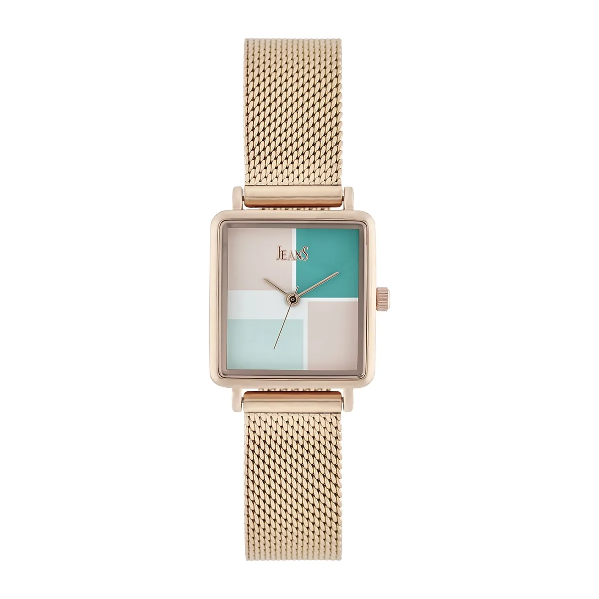Reloj Jeans analogo, para Dama, tablero rectangular colores rosado, verde y blanco, estilo sin numeros, pulso metalico color rosa