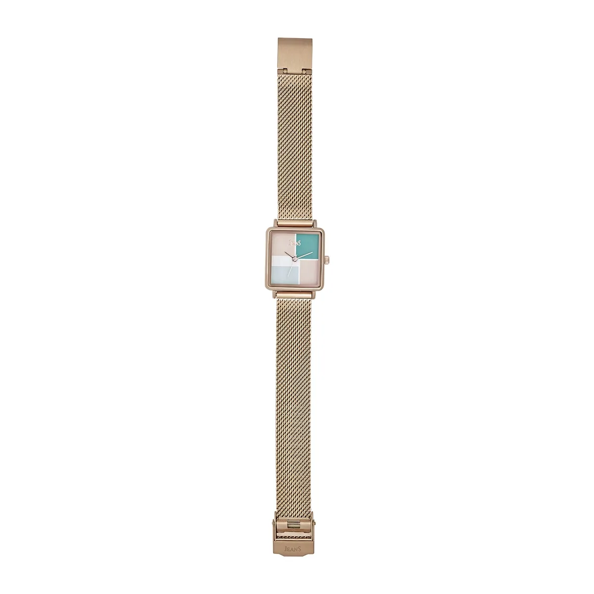 Reloj Jeans analogo, para Dama, tablero rectangular colores rosado, verde y blanco, estilo sin numeros, pulso metalico color rosa