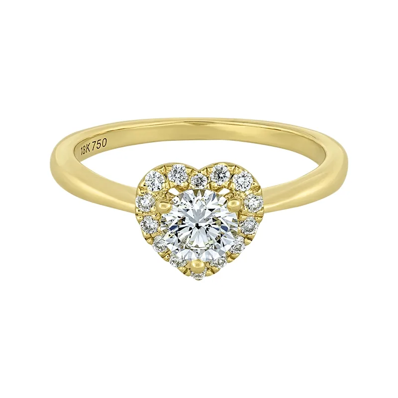 Anillo de compromiso halo corazón, con diamante central redondo GIA de 0.50ct y decoración en diamantes, oro tono amarillo 18k