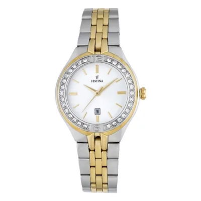 Reloj Festina análogo, para Dama, tablero redondo color plateado, estilo index, pulso acero colores plateado y dorado, calendario