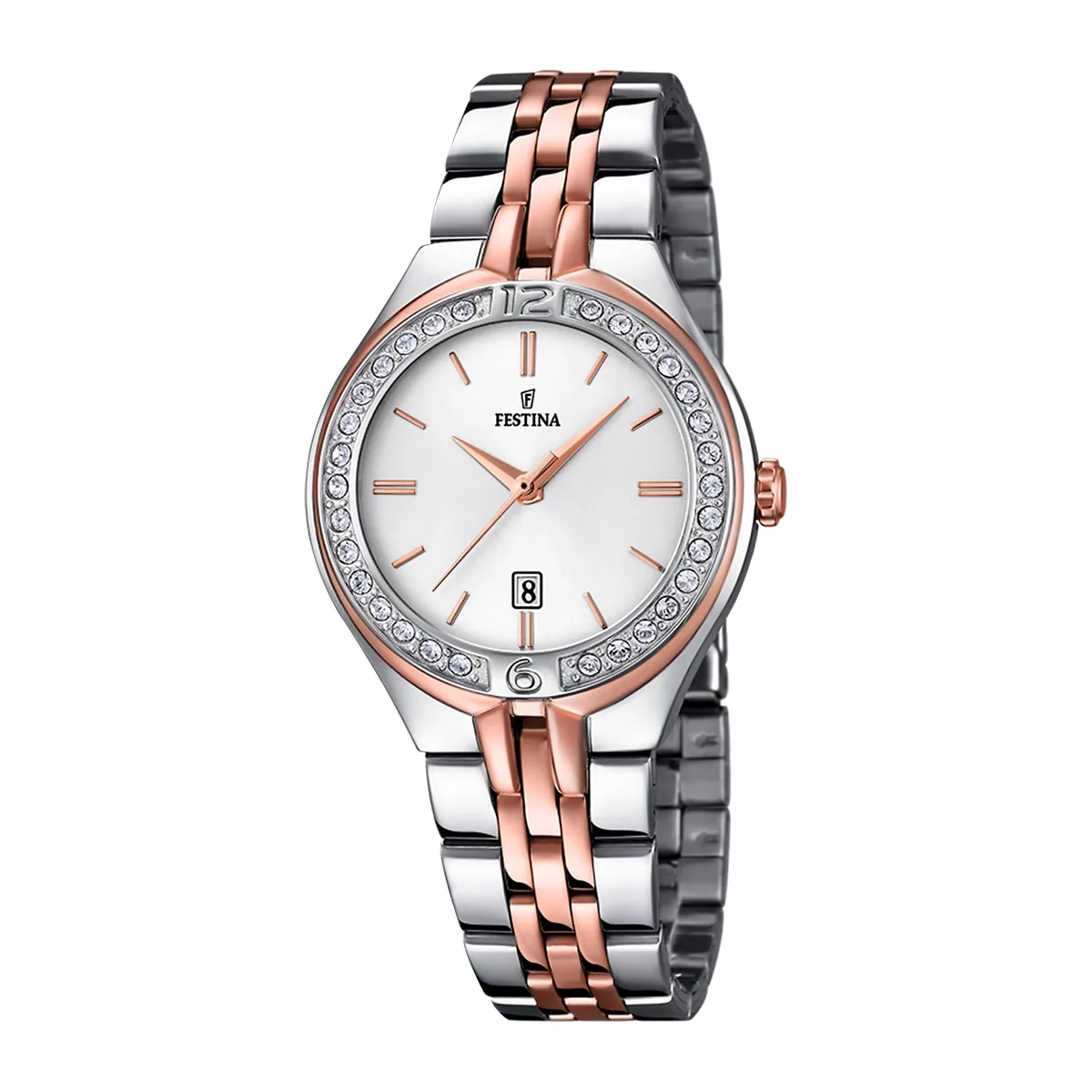 Reloj Festina análogo, para Dama, tablero redondo color plateado, estilo index, pulso acero colores plateado y rosa, calendario