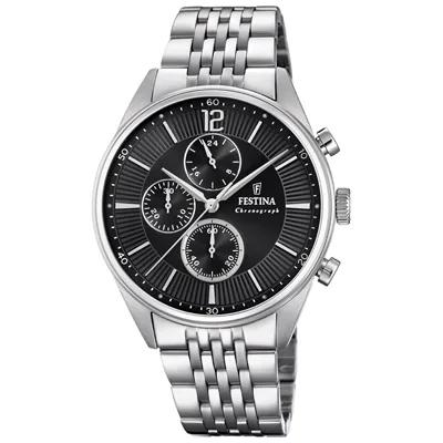 Reloj Festina análogo, para Hombre, tablero redondo color negro, estilo index + arábigo, pulso acero color plateado, cronografo