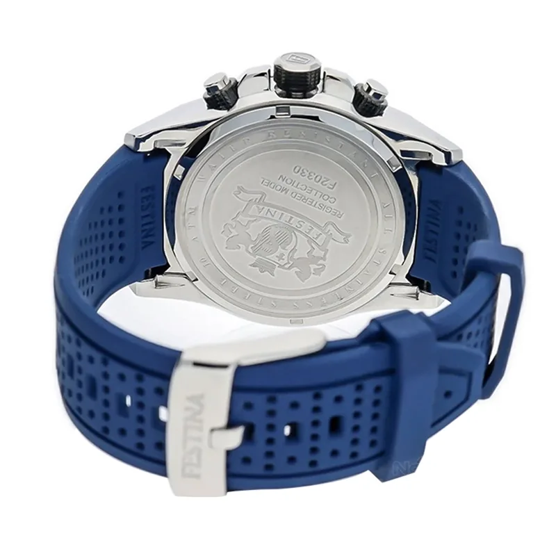 Reloj Festina analogo, para Hombre, tablero redondo color azul, estilo index, pulso silicona color azul, calendario, cronografo