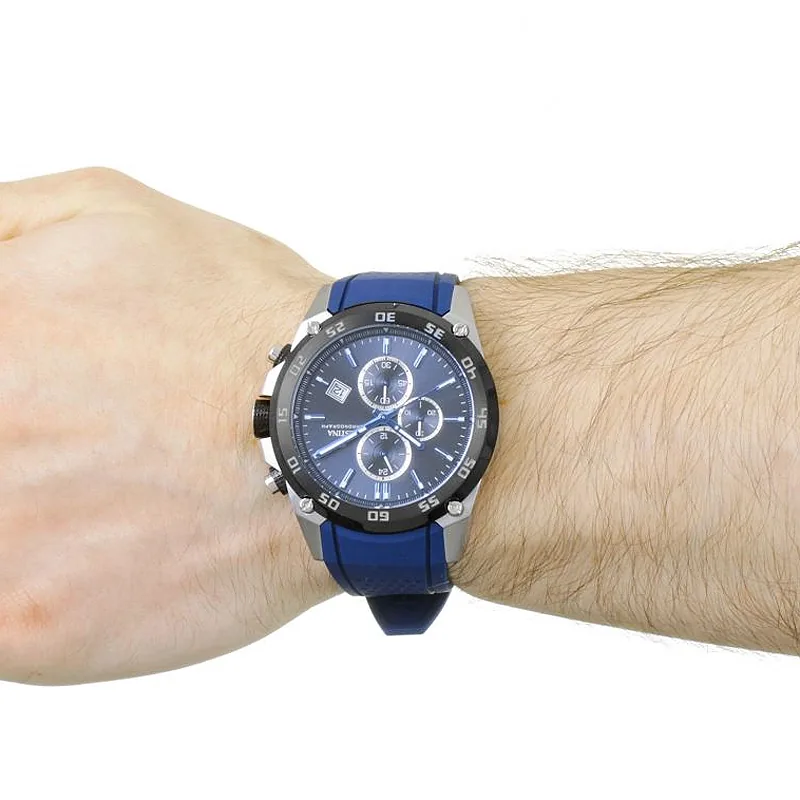 Reloj Festina analogo, para Hombre, tablero redondo color azul, estilo index, pulso silicona color azul, calendario, cronografo