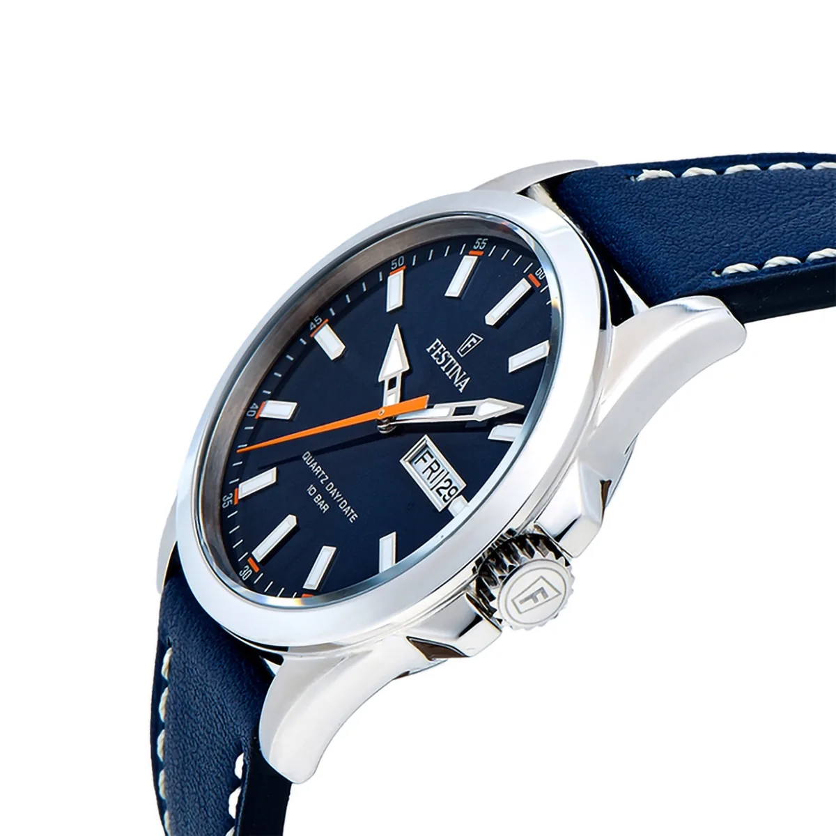 Reloj Festina análogo, para Hombre, tablero redondo color azul, estilo index, pulso cuero color azul, calendario