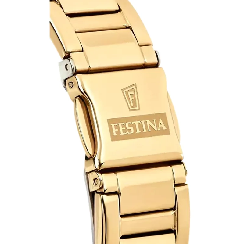Reloj Festina analogo, para Dama, tablero redondo colores plateado y dorado, estilo index + puntos, pulso acero color dorado, calendario, cronografo