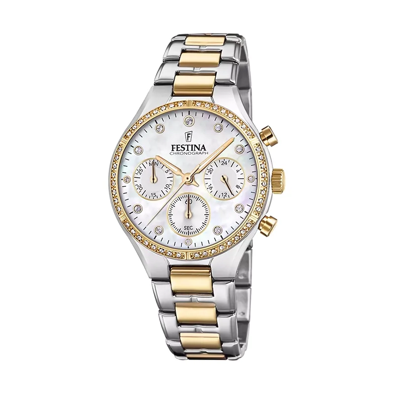 Reloj Festina analogo, para Dama, tablero redondo colores blanco y dorado, estilo puntos, pulso acero colores plateado y dorado, calendario, cronografo