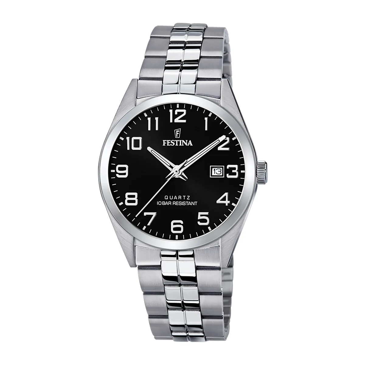 Reloj Festina analogo, para Hombre, tablero redondo color negro, estilo arabigos, pulso acero color plateado, calendario
