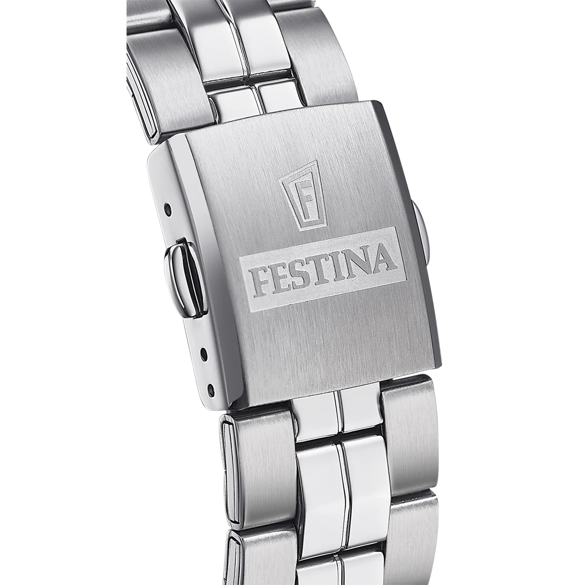 Reloj Festina analogo, para Hombre, tablero redondo color negro, estilo arabigos, pulso acero color plateado, calendario