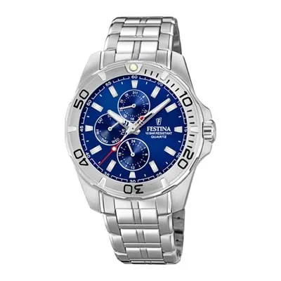 Reloj Festina análogo, para Hombre, tablero redondo color azul, estilo index, pulso acero color plateado