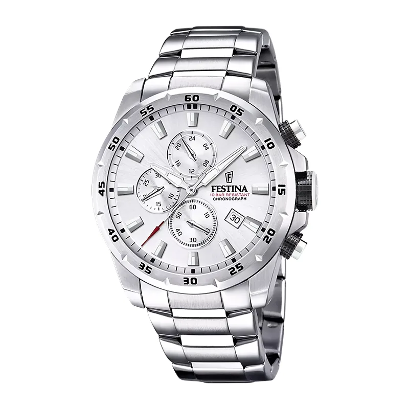 Reloj Festina analogo, para Hombre, tablero redondo color plateado, estilo index, pulso acero color plateado, calendario, cronografo