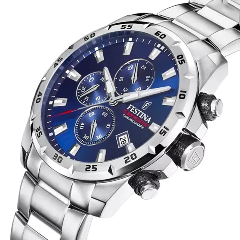 Reloj Festina analogo, para Hombre, tablero redondo colores azul y rojo, estilo index, pulso acero color plateado, calendario, cronografo