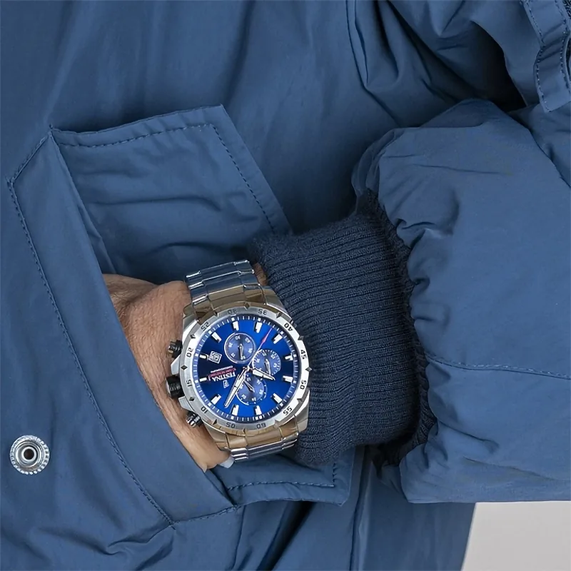 Reloj Festina analogo, para Hombre, tablero redondo colores azul y rojo, estilo index, pulso acero color plateado, calendario, cronografo
