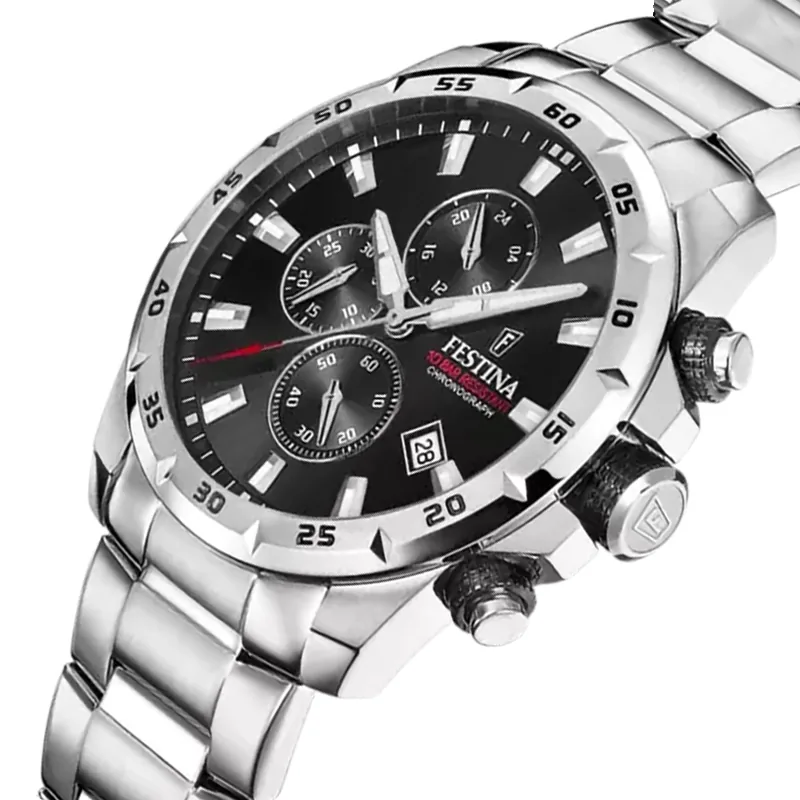 Reloj Festina analogo, para Hombre, tablero redondo color negro, estilo index, pulso acero color plateado, calendario, cronografo