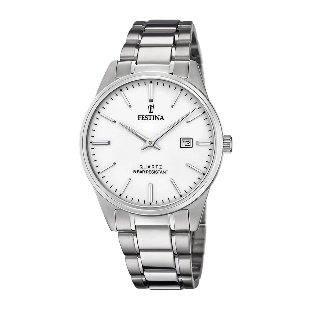 Reloj Festina análogo, para Hombre, tablero redondo color blanco, estilo index, pulso acero color plateado, calendario