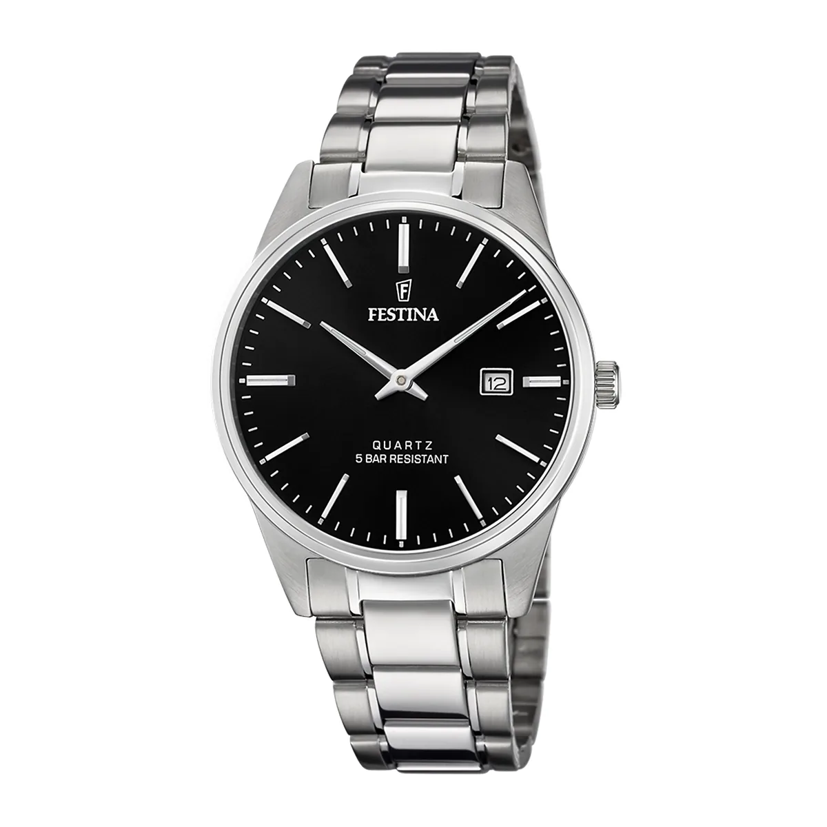Reloj Festina análogo, para Hombre, tablero redondo color negro, estilo index, pulso acero color plateado, calendario