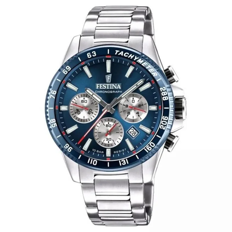 Reloj Festina análogo, para Hombre, tablero redondo color azul, estilo index, pulso acero color plateado, calendario, cronografo